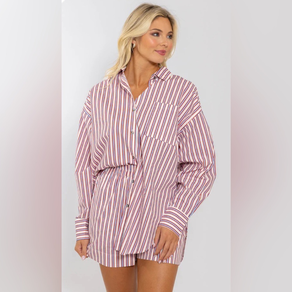 Karlie Stripe Poplin Button Up Top
Medium / Red/blue